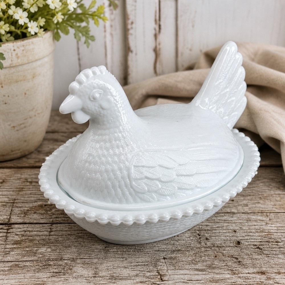 Indiana Glass Milk Glass Hen on Nest 7" Covered Dish Beaded 7155 White HON VTG